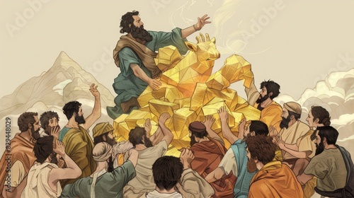 Biblical Illustration: The Golden Calf, Israelites Worshipping, Moses Descending in Anger, Beige Background, Copyspace