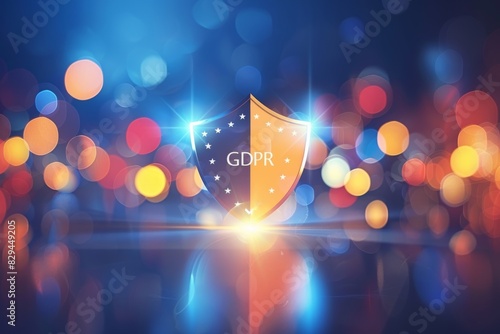 Office environment with GDPR shield, emphasizing a professional approach to data privacy within corporate settings.