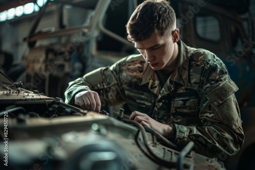 Male military engineer working on vehicle in mechanics workshop