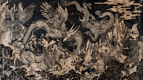 woodcut print depicting a mythical scene from ancient folklore with fantastical creatures heroic warriors and mystical landscapes rendered in bold lines and rich textures reminiscent 