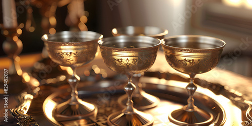 A collection of ceremonial chalices and other religious items on an altar for Catholic communion.