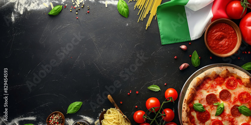 Italian food snd flag creative background for menu and restaurant. Typical dishes in Italy. Pizza, pasta, cheese, parmesan, basil, herbs, tomatoes, and tomato sauce. Food menu, copy space design.