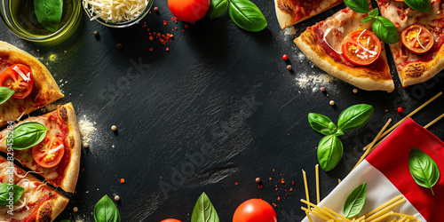 Italian food creative background for menu and restaurant. Typical Italian dishes in Italy. Pizza, pasta, cheese, parmesan, basil, herbs, tomatoes, and tomato sauce. Food menu, copy space design.
