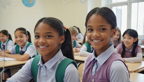 Back to School: Smiling elementary schoolgirls looking at the camera 