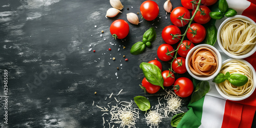 Italian food and flag creative background for menu and restaurant. Pizza, pasta, cheese, parmesan, basil, herbs, tomatoes, and tomato sauce. Food menu, copy space design.