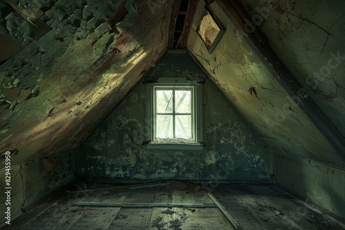 Depressing abandoned room with centered window - landscape color photo. Beautiful simple AI generated image in 4K, unique.