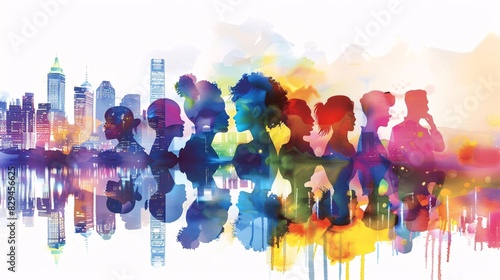 A vibrant watercolor silhouette of diverse people, each with their own unique face and hair style, silhouetted against the backdrop of an urban cityscape at dusk. The colors are bright and bold,