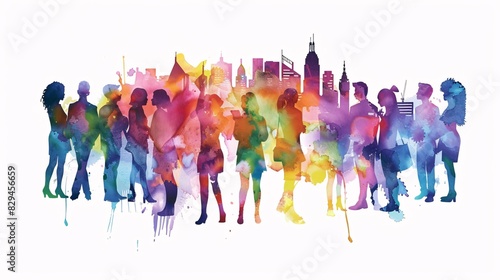 silhouettes of people with watercolor effect on white background, different skin colors and hair styles in the silhouette. Cityscape in silouette behind them. The city is colored like an abstract