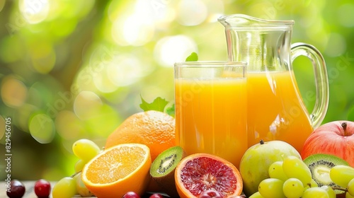 Fresh citrus fruit juice in a glass pitcher with assorted fruits on natural backdrop