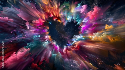 Colorful explosion of vibrant colors, forming the shape of an open heart in space. High speed photography against a dark background captures a colorful explosion.