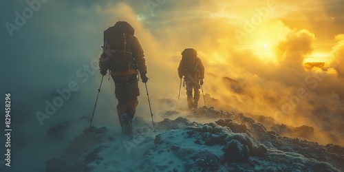Mountaineers hiking a snowy peak at sunrise, embracing the extreme adventure.