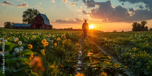 A rural farmer walks through a blooming meadow at sunset, admiring the scenic countryside.