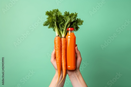 Person's hand holding a carrot against a backdrop of carrot juice bottles and fresh produce