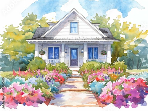 Watercolour painting of a charming cottage with a vibrant garden.