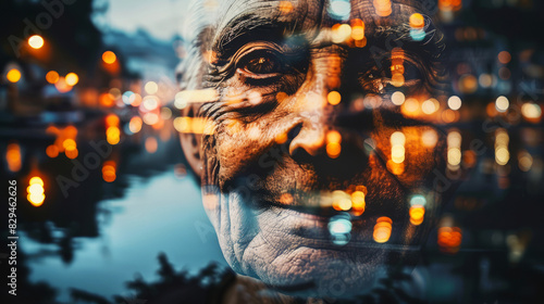 Double exposure of an elderly man's face with urban night lights, capturing wisdom and the vibrancy of city life.
