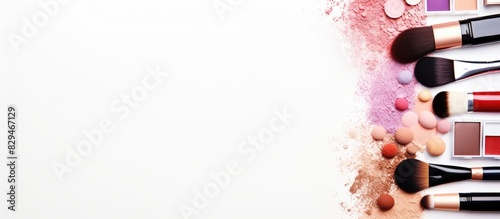 A collection of high quality cosmetic products and makeup tools displayed on a white background providing ample space for text This captivating image encompasses beauty fashion party and shopping the