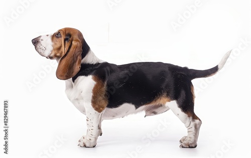 A serene Basset Hound stands gracefully, showcasing its well-proportioned body and classic breed features against a white studio backdrop.