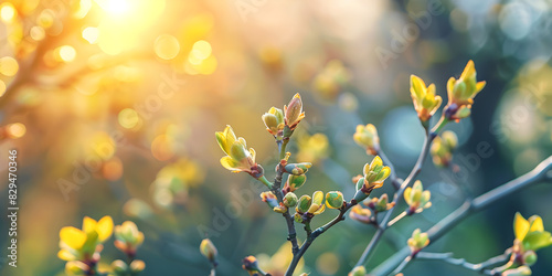 Closeup of young blooming flower buds on branch of lilac tree under sunlight, tender shoots of purple floral and fresh new greenery, spring nature awakening, soft beige earth tones, selective focus. 