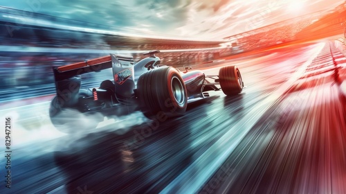 Racing car moving at high speed along racetrack with high speed and smoke. Racing car, propelled by the immense power of engine, hurtles down racetrack with incredible slicing through the air