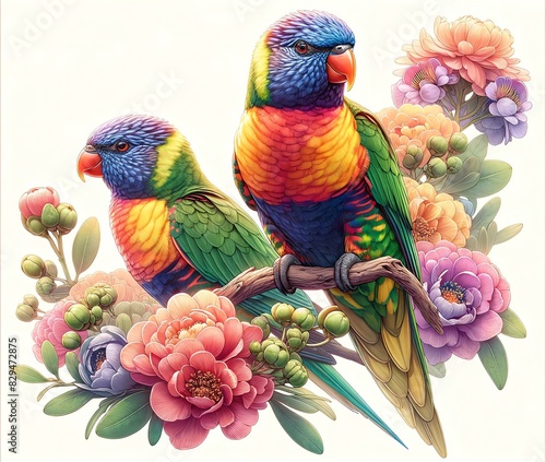 Illustration of two Rainbow lorikeets with flowers