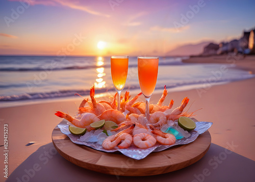 Drewniany stół z krewetkami oraz dwoma kolorowymi drinkami na tle oceanu podczas zachodu słońca. Magiczna randka lub spotkanie z przyjacielem