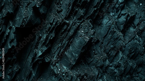  A tight shot of a rock formation with profoundly dark hues and dense rocks, framed against a deeply dark backdrop The upper right corner subtly blurs for added depth