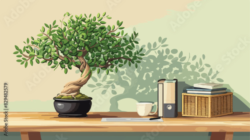 Beautiful bonsai tree in pot and rattan magazine file