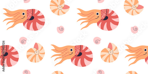 Cute animals - chambered nautilus. Seamless pattern for children. Baby Shower background. Cartoon character tropical mollusk isolated on white background. Coral reef underwater animal wildlife