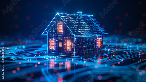 House with futuristic network connection technology big data. Blue neon background