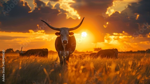 Cows herd on a grass field during the summer at sunset. A cow is looking at the camera sun rays are piercing behind her horns