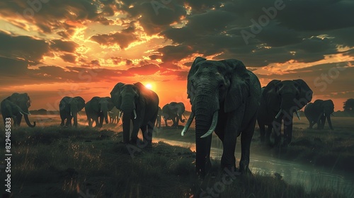 Migration of elephants. Herd of elephants. Evening in the African savannah