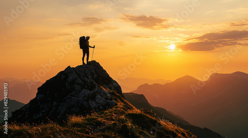 photo silhouette of a freespirited hiker on top of a mountain at golden sunset