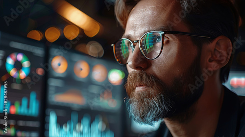 A man wearing glasses is looking at a computer screen with graphs and charts.