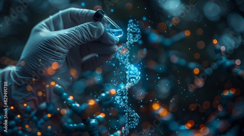 Scientist examining DNA molecule, illuminated helix structure in laboratory. Concept of genetic research and biotechnology advancements.