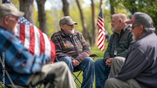 A group of veterans sharing stories and memories in a park, with American flags in the background