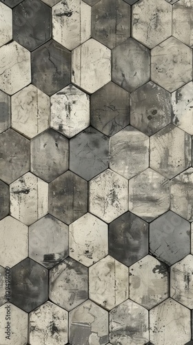 A symphony of hexagons and irregular shapes on a rustic, weathered background, blending modern geometry with a touch of antiquity.