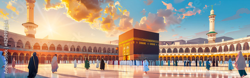 Illustration of Masjid Haram Mosque in Makkah city with people praying around of Kaaba on cloudy background 