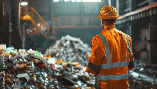 A worker in orange safety gear oversees a large pile of recyclable materials inside an industrial recycling facility.