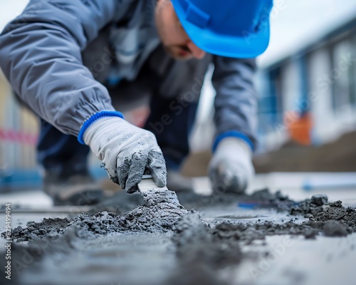 Close-up of a construction worker's hand, wearing gloves, and spreading wet cement with a tool while working on a construction site.