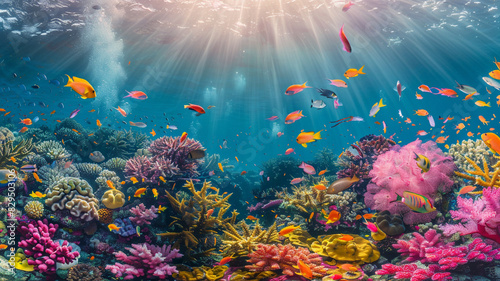 Many fish in vibrant coral reef