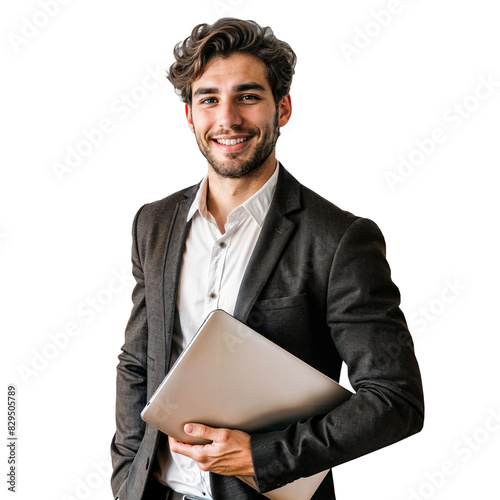 A young man in a business suit holding a laptop and smiling on an isolated background. Transparent background. PNG.