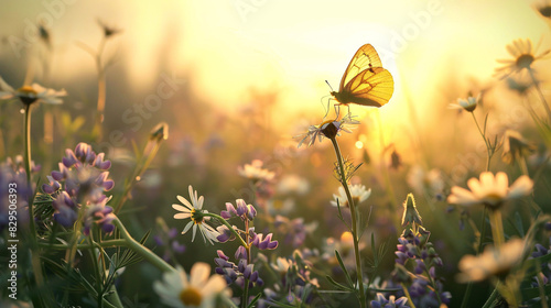 Enchanted sunset with butterfly and wildflowers