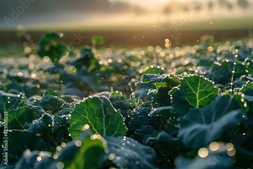 A dewy broccoli field under the soft light of dawn