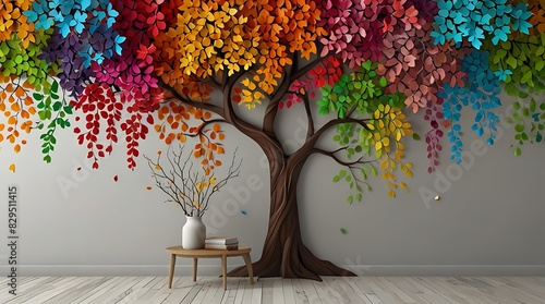 a repeating pattern of colorful leaves in autumn colors, such as red, orange, yellow, green, and purple