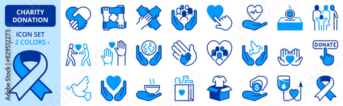 Icons in two colors about charity and donation.