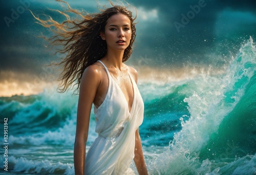 3d realistic surreal conceptual full body photo of flamboyant energetic fierce glowing model in wet dolman sleeve donna white cotton outfit in ocean waves to her hips