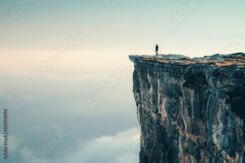 A lone figure standing at the edge of a cliff, looking out at a vast expanse of possibilities, embodying the visionary leadership that inspires others to follow.