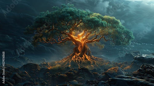 A conceptual image of a tree with roots and branches forming a religious symbol.