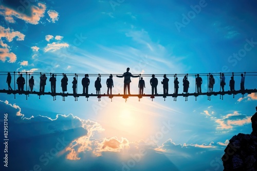 A leader silhouette, standing at the forefront of a bridge, connecting their team across obstacles and challenges toward shared success.