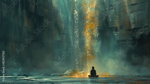 An abstract depiction of a light beam shining down on a tranquil figure in meditation.